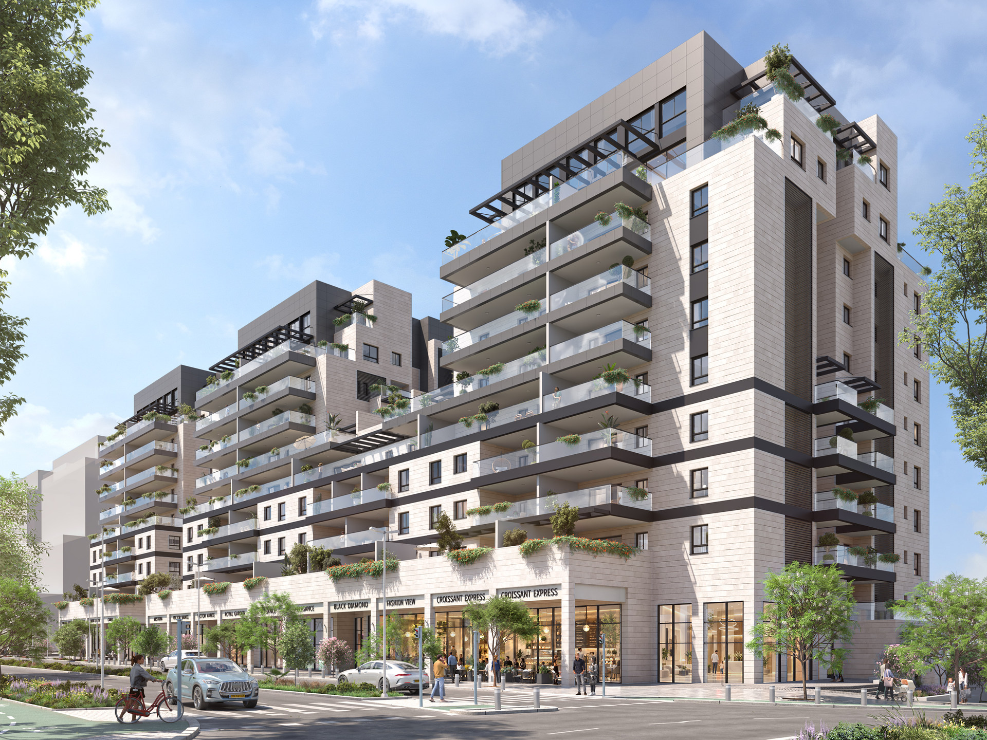 GREENER יבנה מזרח — הדמיית חוץ של הפרויקט, חזית המסחר והמרפסות, מבית רן - אור הנדסה