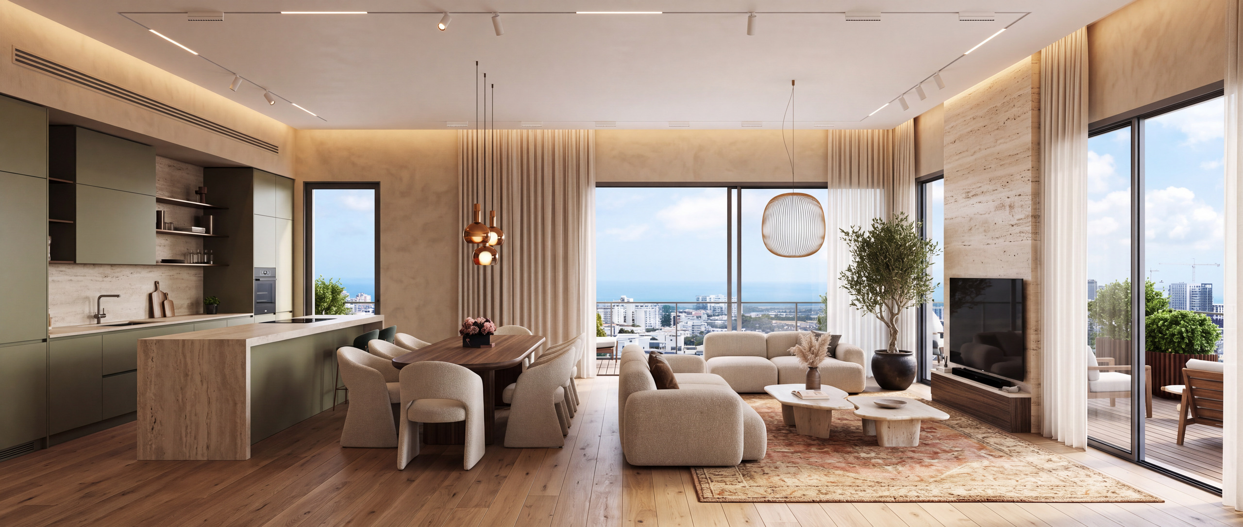 Pisgot-Or Netanya — interior rendering, south-facing penthouse, living room and kitchen open to the sea view