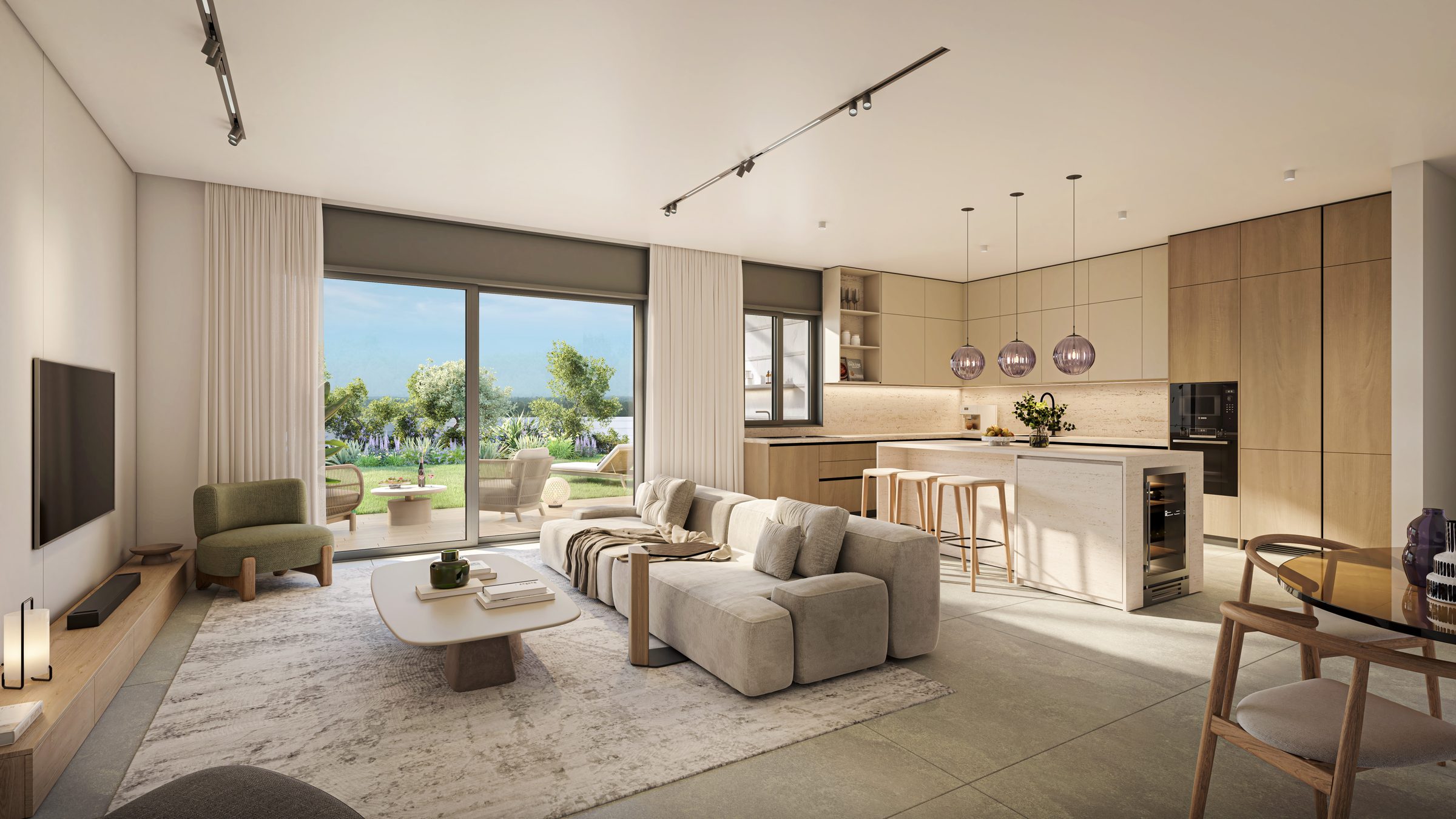 GREENER Yavne East — living room and kitchen open to the garden, rendering