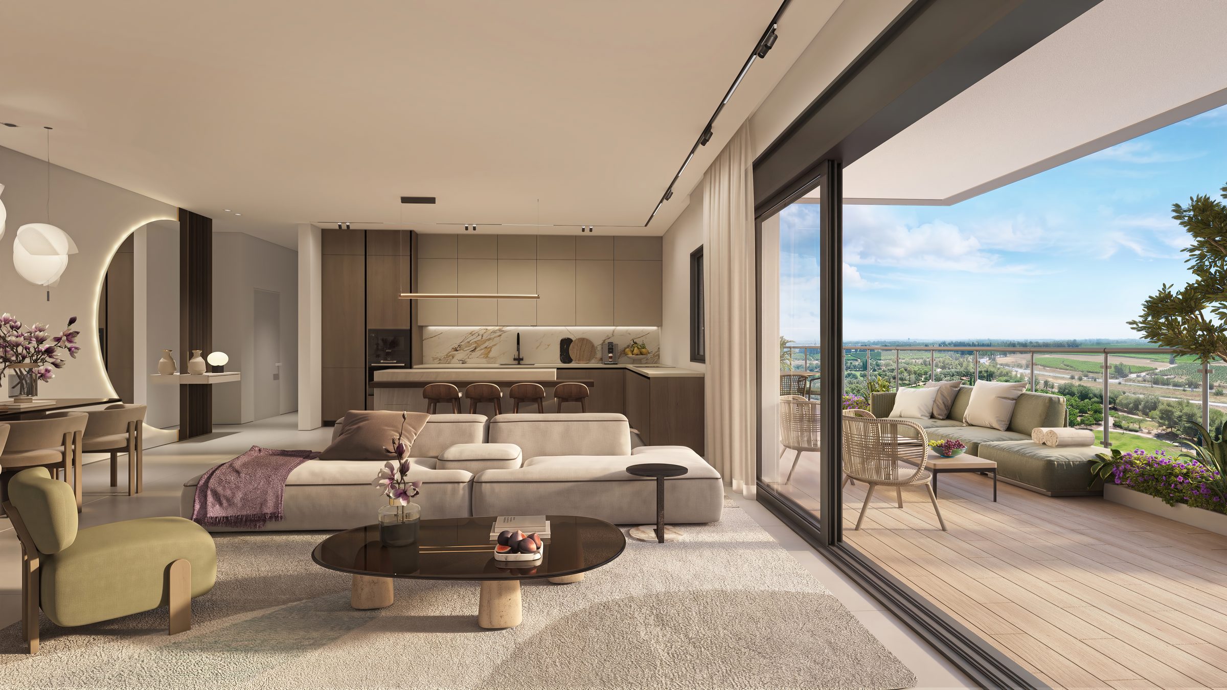 GREENER Yavne East — living room with a panoramic view, rendering