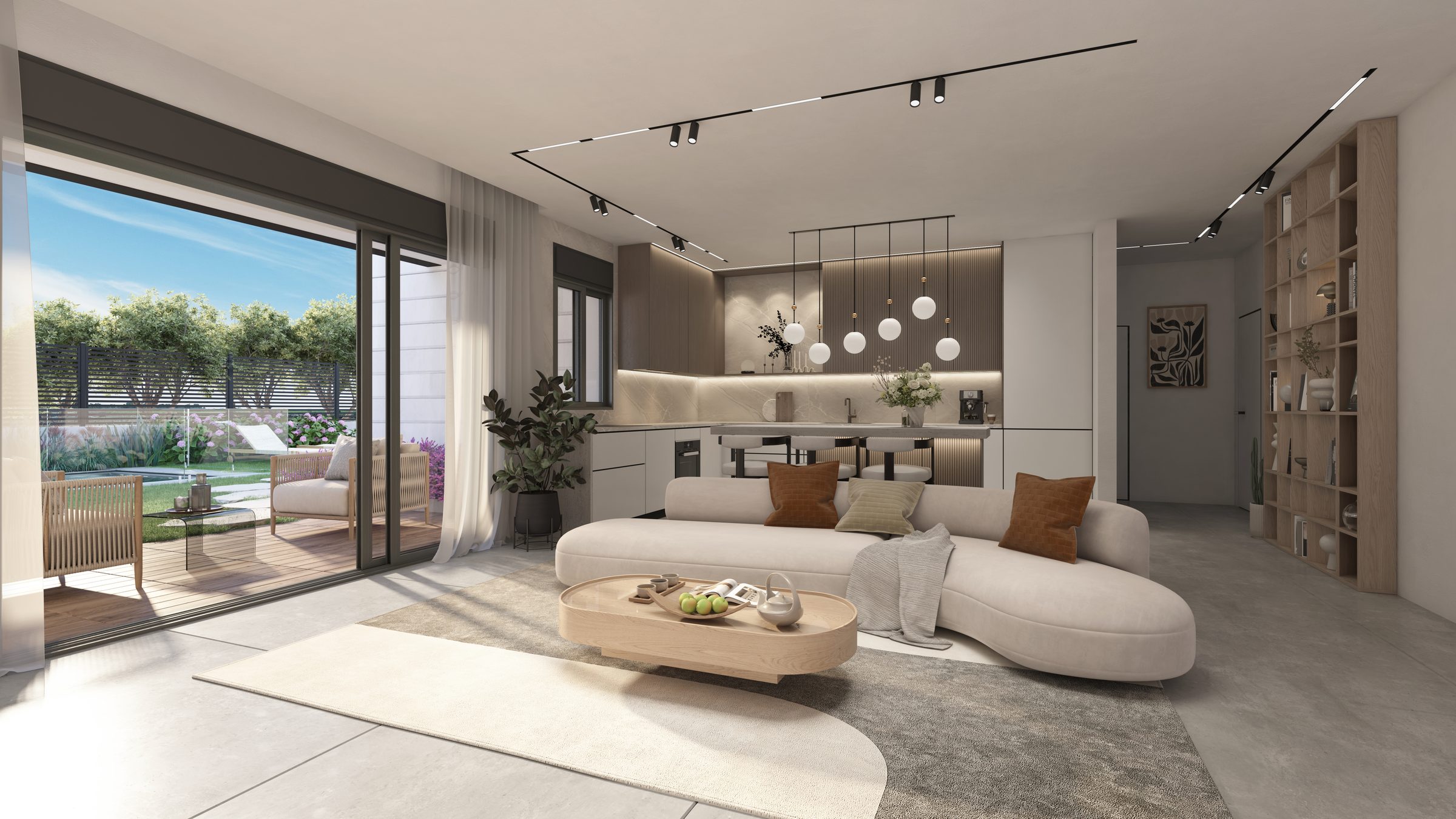 GREENER Yavne East — modern living room and kitchen, rendering