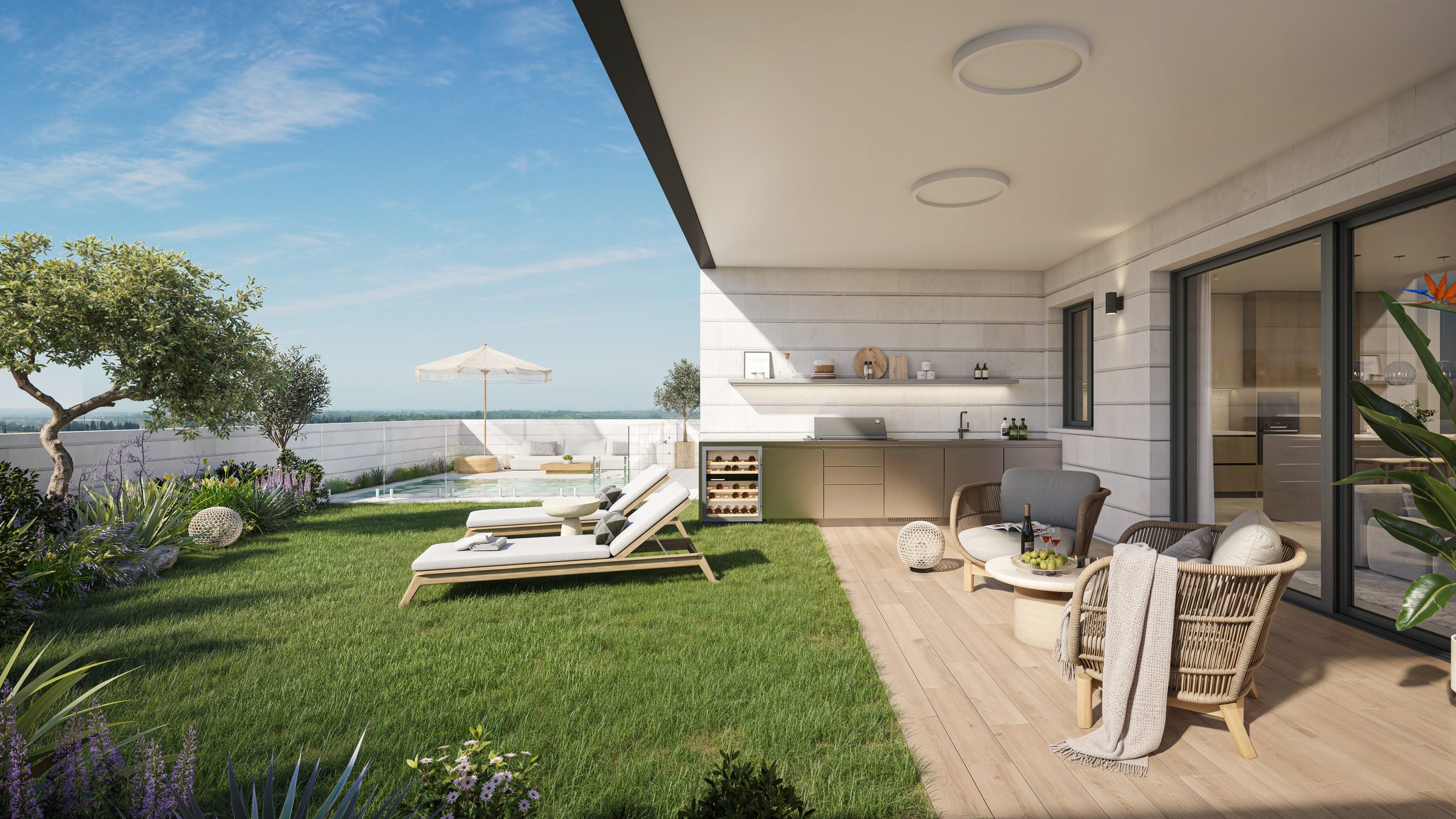 GREENER Yavne East — garden terrace and pool, rendering