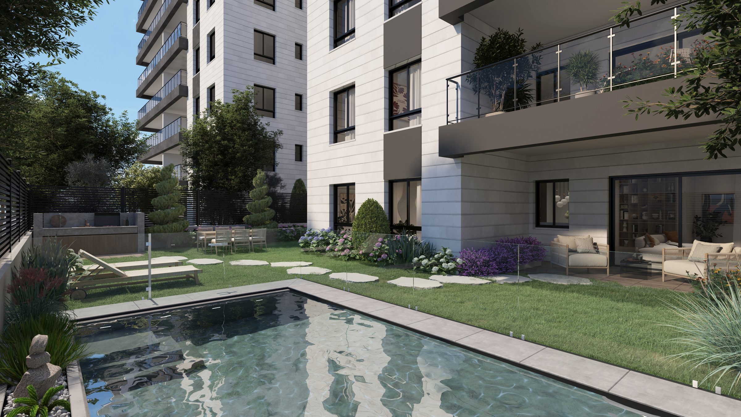 GREENER Yavne East — living room open to the balcony and view, rendering